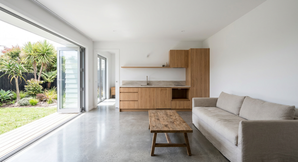 Completed garage conversion interior with polished concrete and bi-fold doors in Auckland