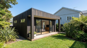Modern granny flat with dark timber cladding in Auckland backyard